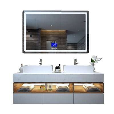 Hotel project Marble double basin bathroom vanity mirror with lights antifrog  bluetooth function